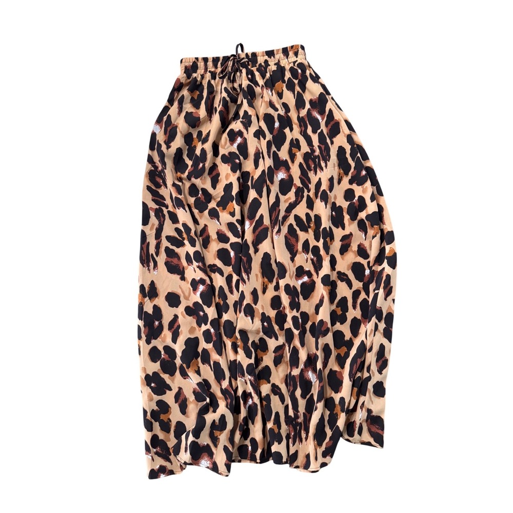 Bluetime Womens Leopard Print Maxi‎ Skirt Tan Black Elastic Waist Drawstring S